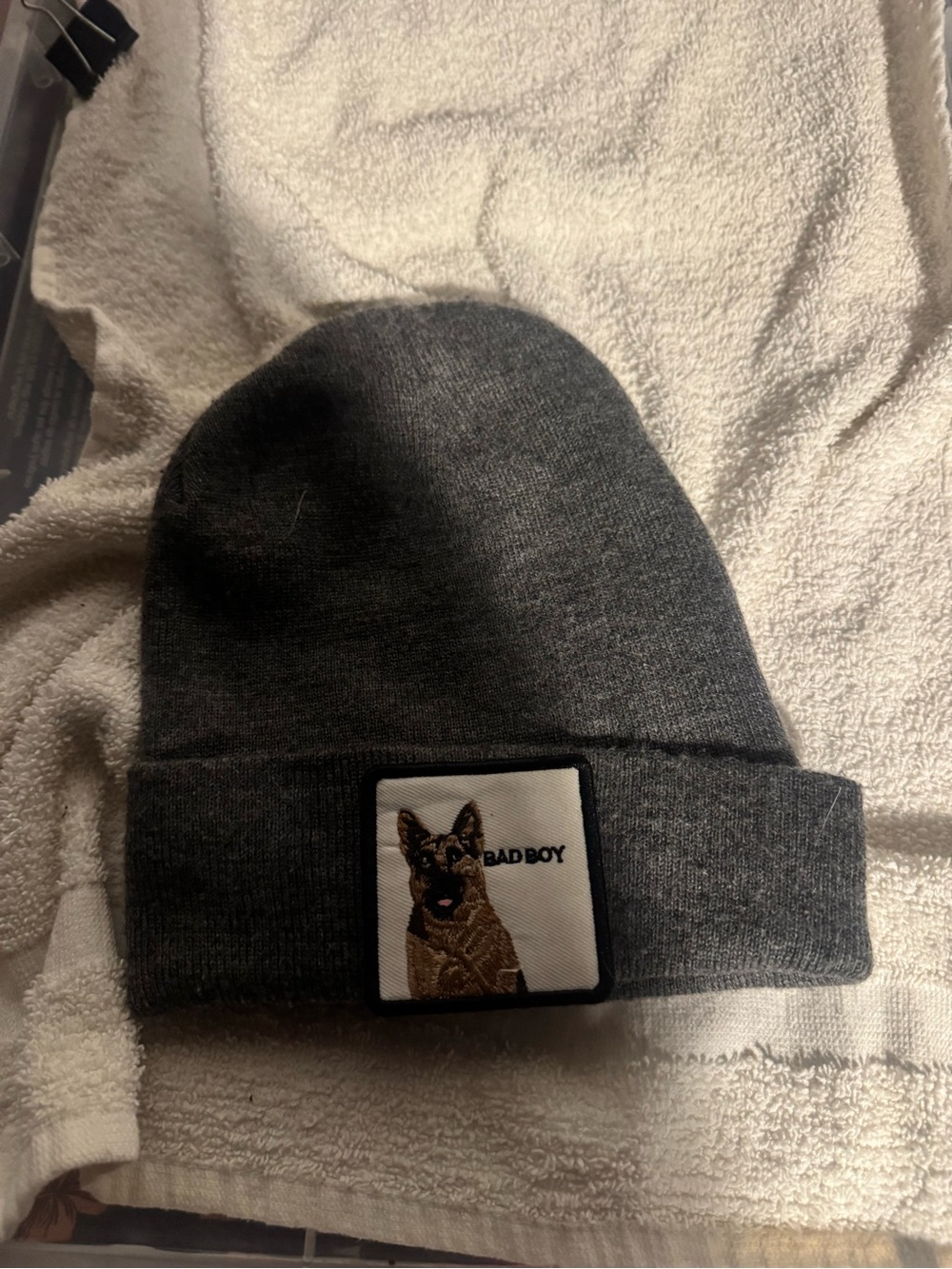Gray 'BAD BOY' Patch Knit Beanie Hat